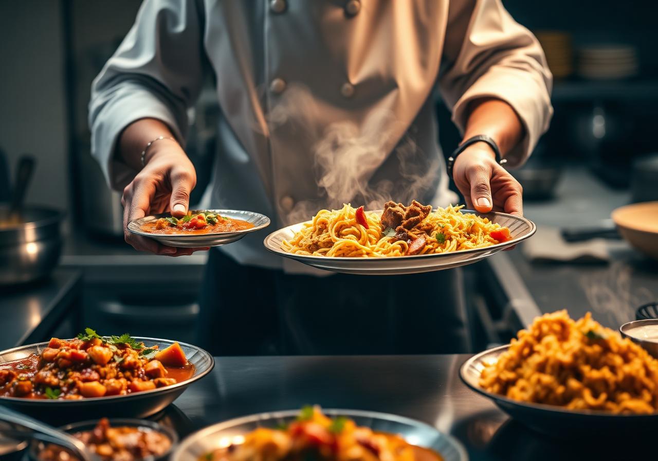Kock som lägger upp indiska curryrätter och biryani i ett molnkök