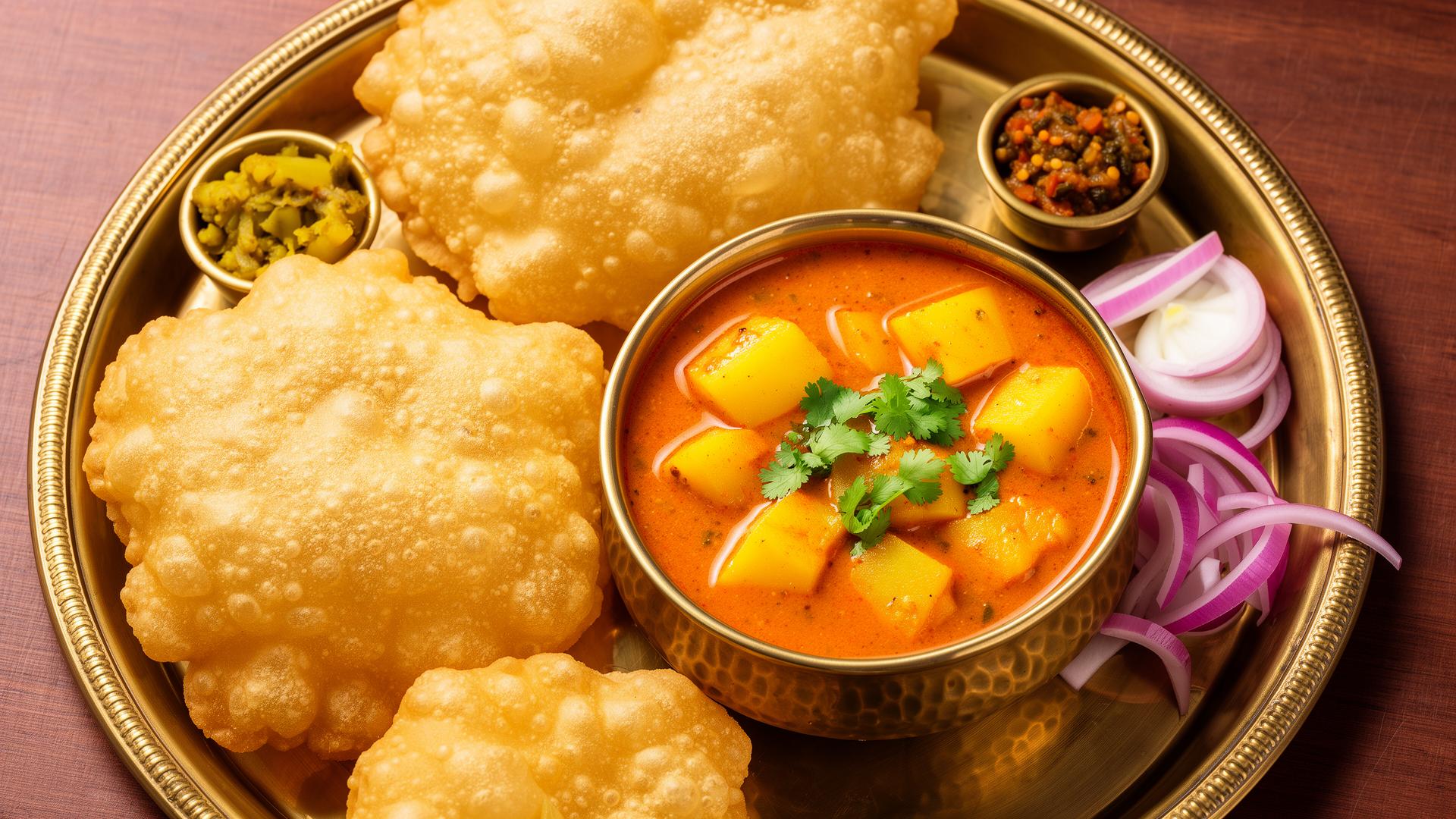 Luftiga gyllene puris med aloo sabzi på en mässingsthali